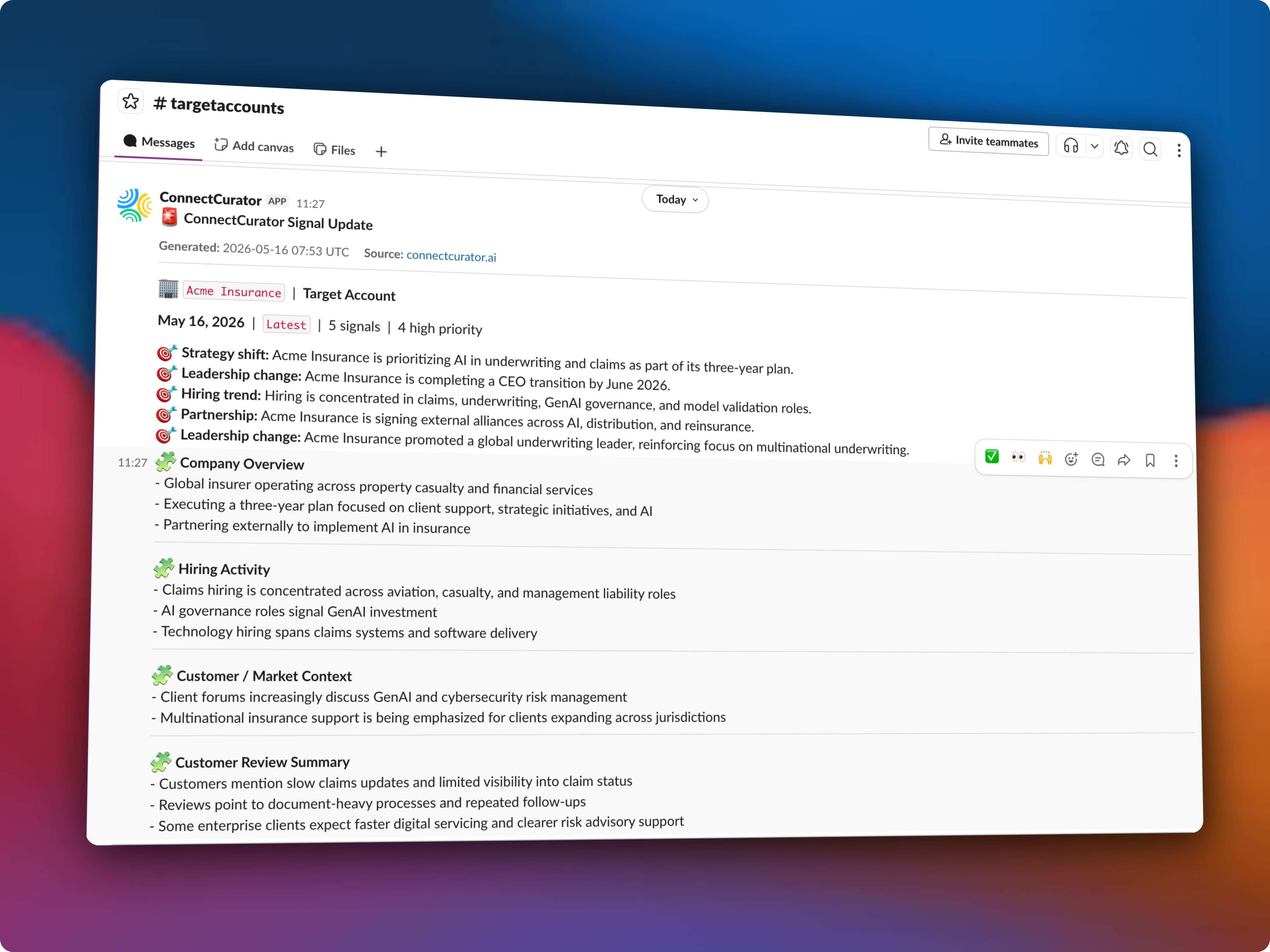 ConnectCurator account monitoring updates in Slack