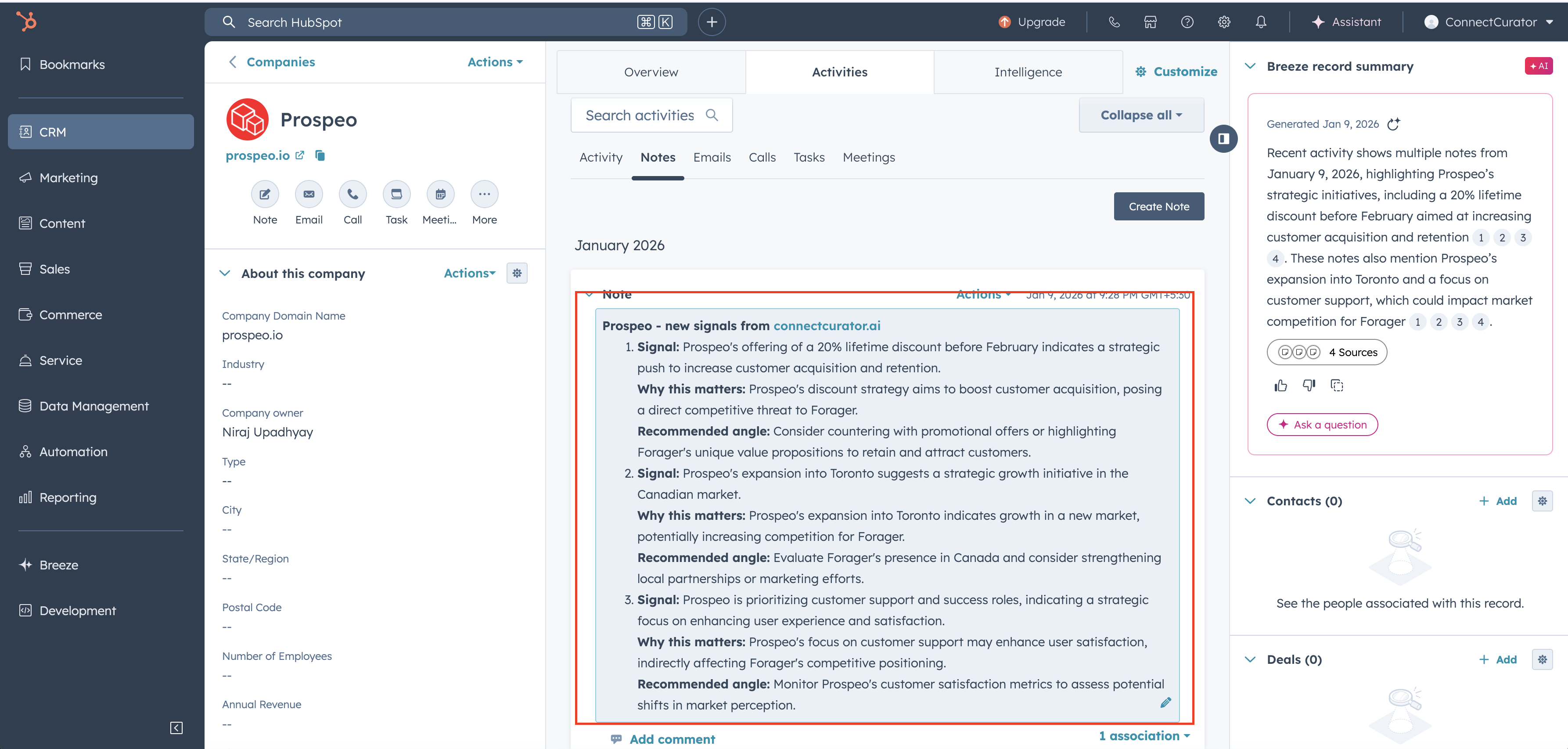 Screenshot: HubSpot company notes with a ConnectCurator signal.