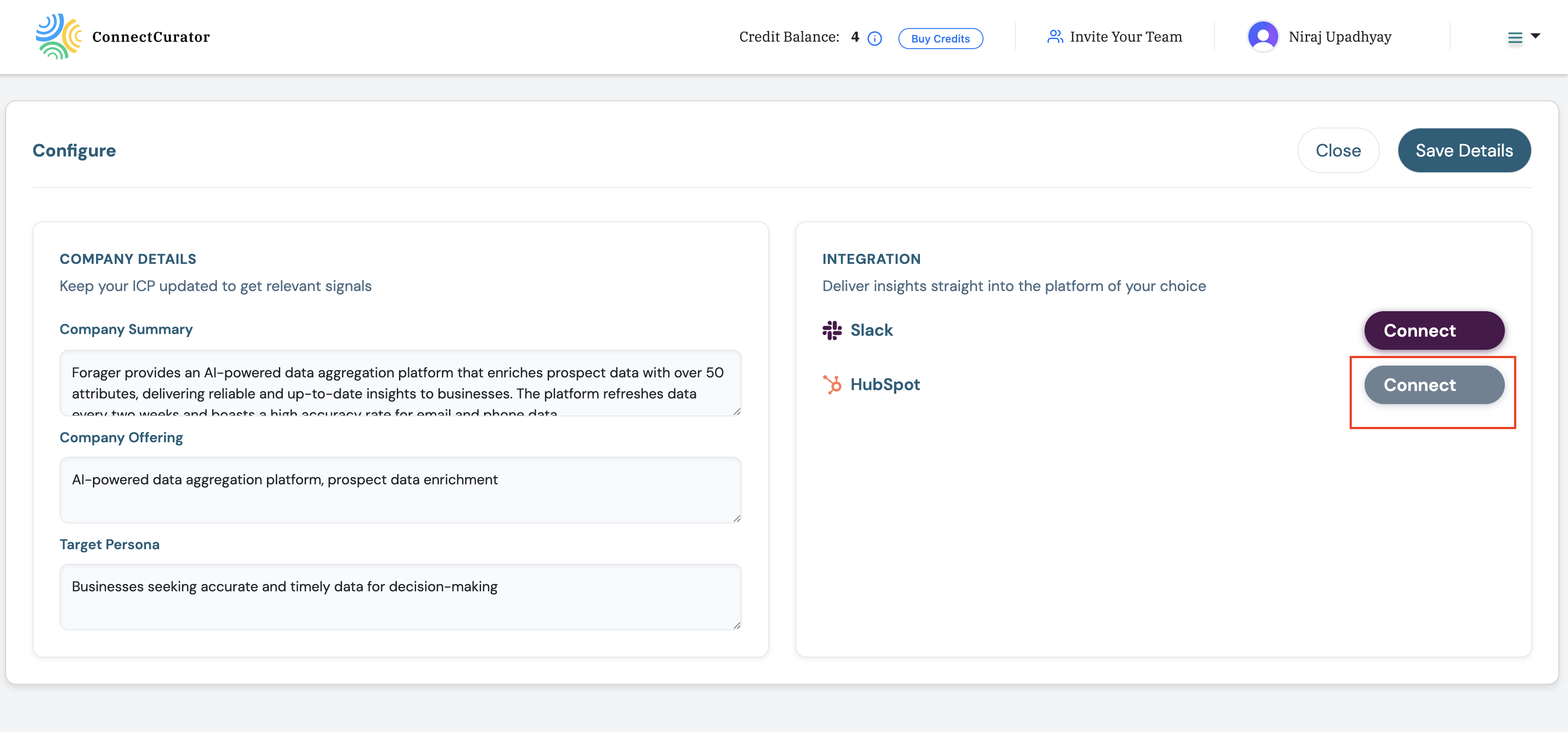 Screenshot: ConnectCurator Settings > Configure integrations list.