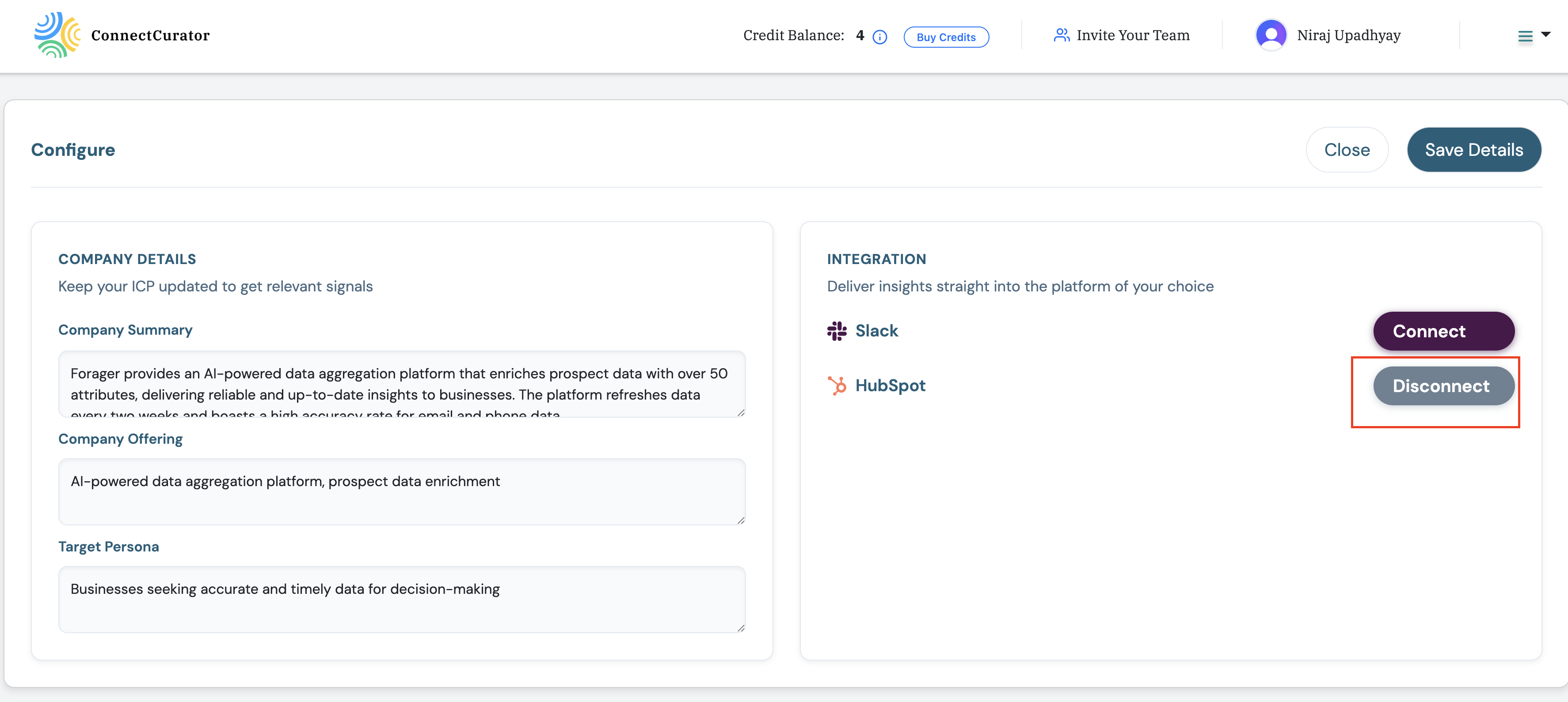 Screenshot: HubSpot integration settings in ConnectCurator.