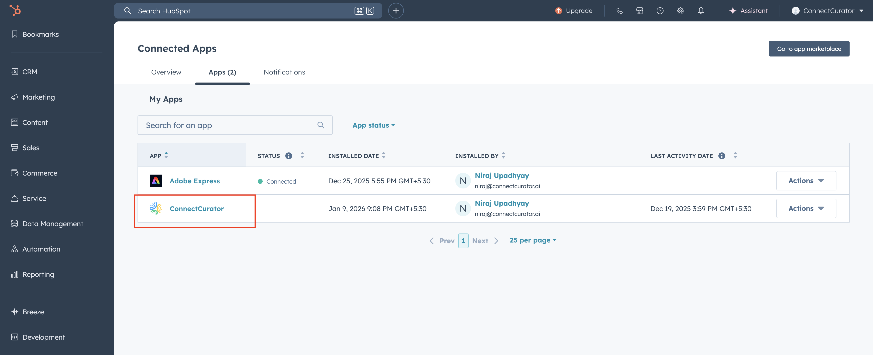 Screenshot: HubSpot connected apps list.