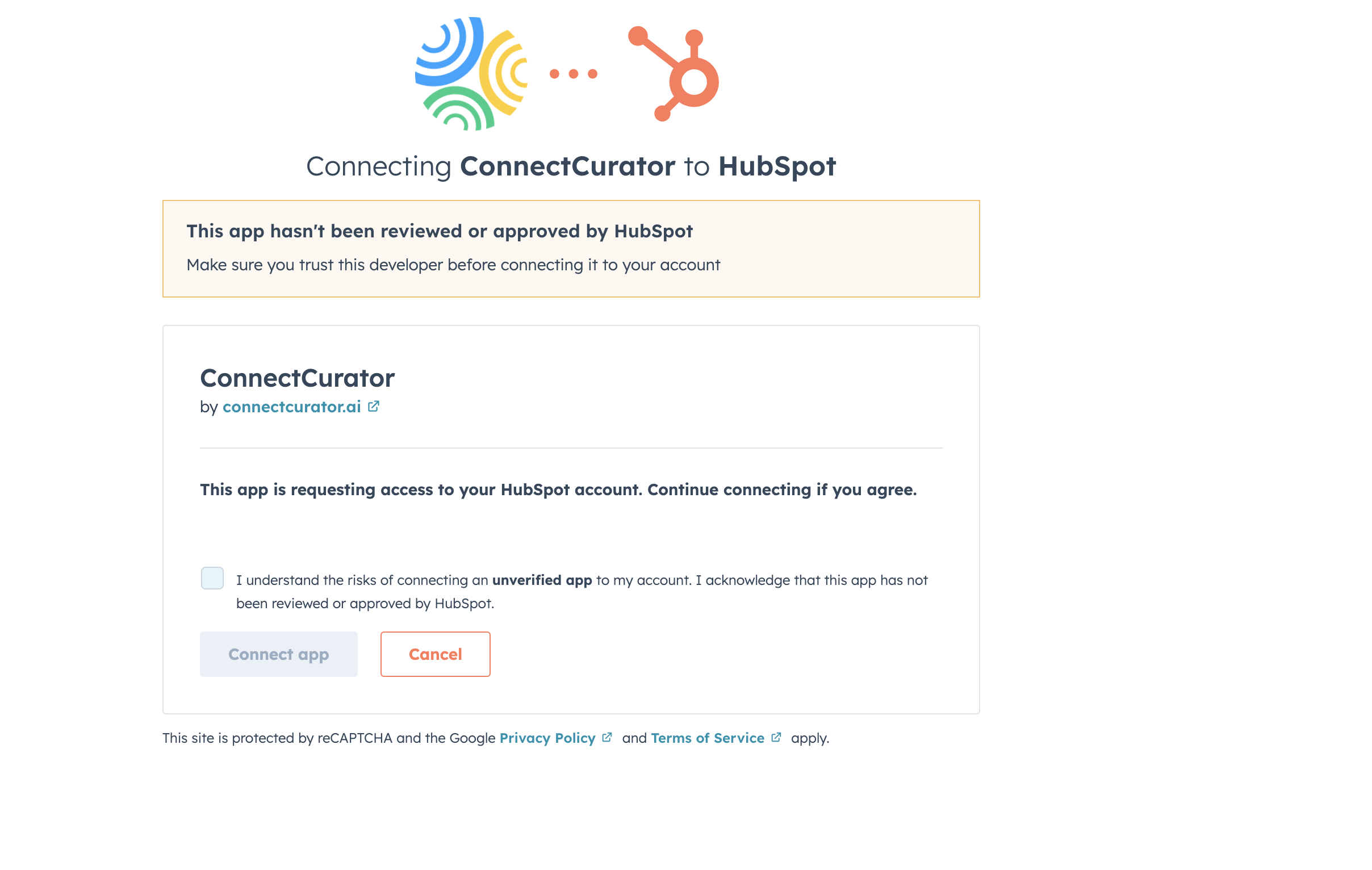 Screenshot: HubSpot requested scopes screen.