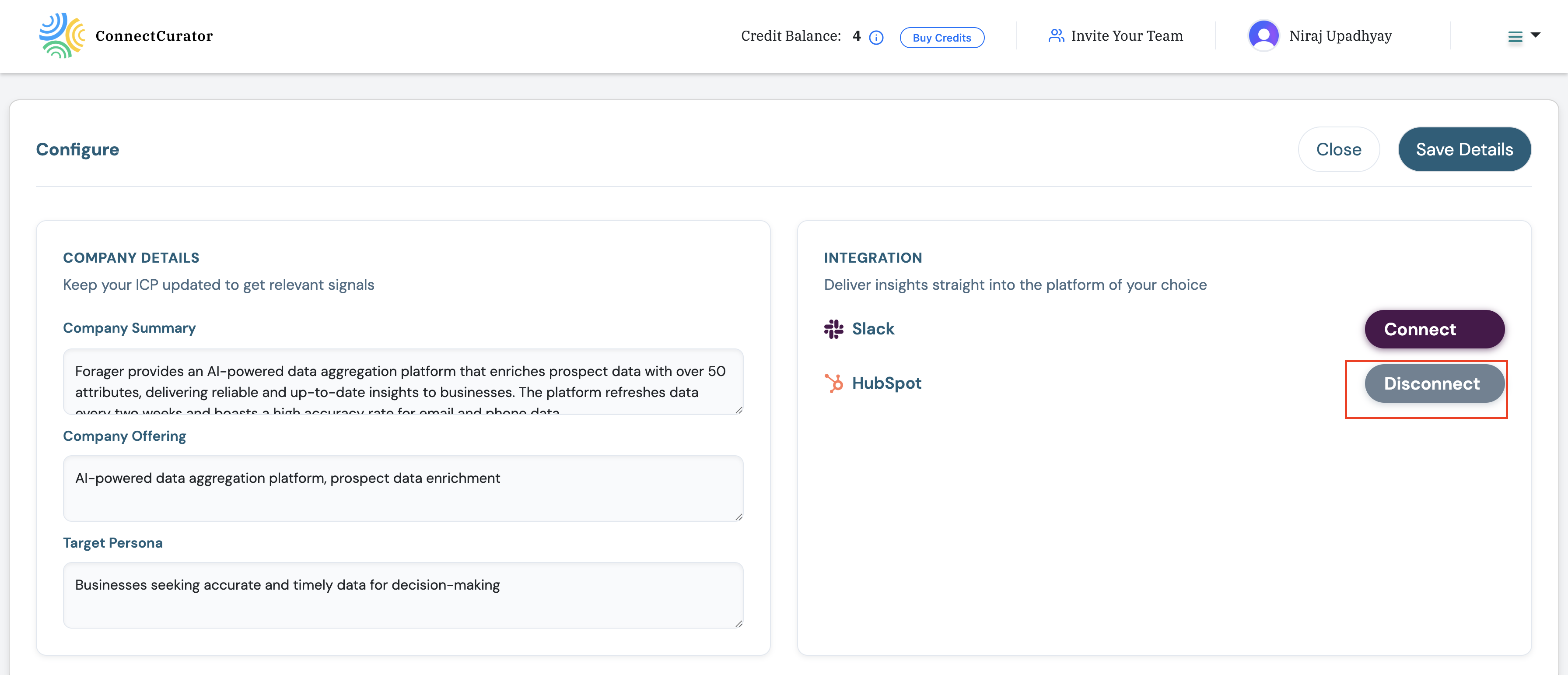 Screenshot: Disconnect button in ConnectCurator.