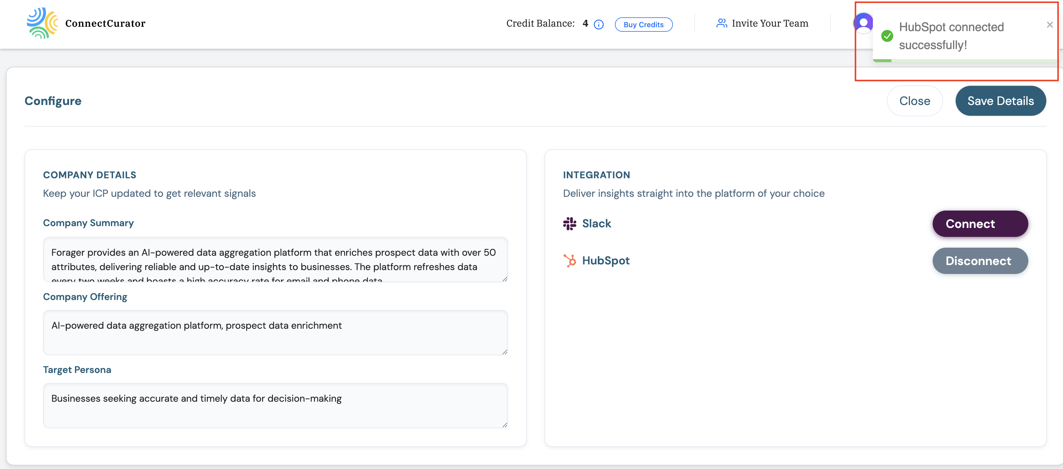 Screenshot: HubSpot connected screen.