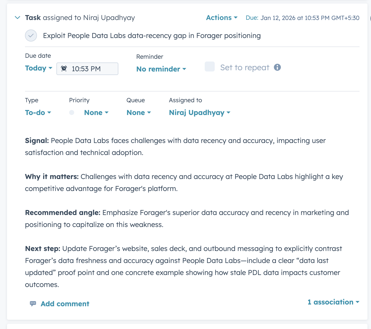 Screenshot: HubSpot company task created by ConnectCurator.